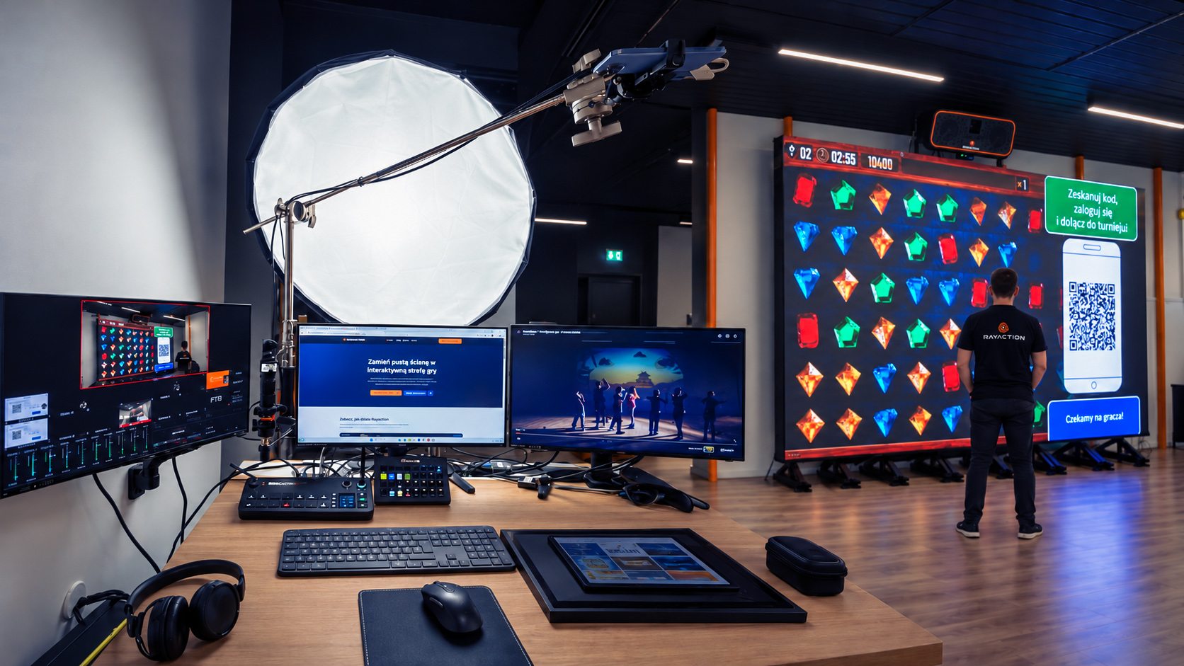 Studio Rayaction: stanowisko do prowadzenia demo online i ściana LED z grą